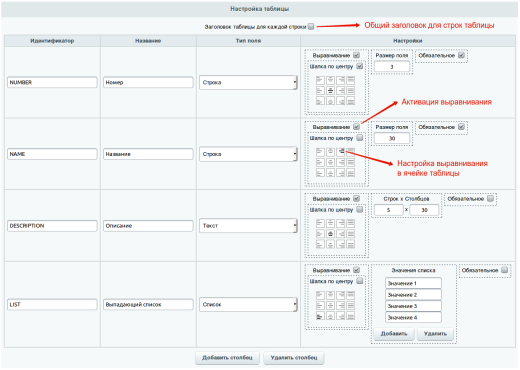 Настраиваемые таблицы