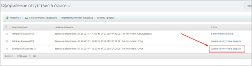 Бизнес-процесс "Отгул"